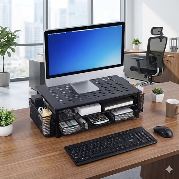 Heavy-Duty Metal 2-Tier Printer Stand with Storage Drawers, Paper Tray & Pen Holders - Desktop Organizer for Printer, Fax, Scanner & Laptop - Space-Saving Black Home Office Furniture