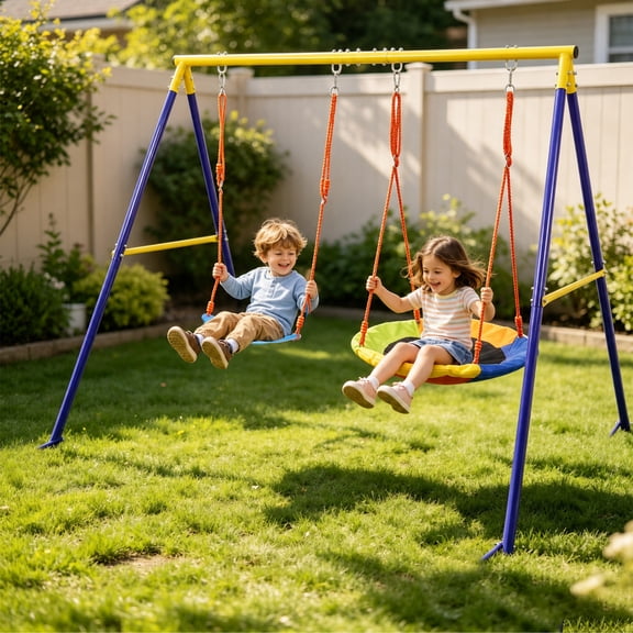 Heavy Duty Metal A-Frame Swing Set Supports 440 lbs! Includes Saucer & Belt Swings for Endless Backyard Fun.