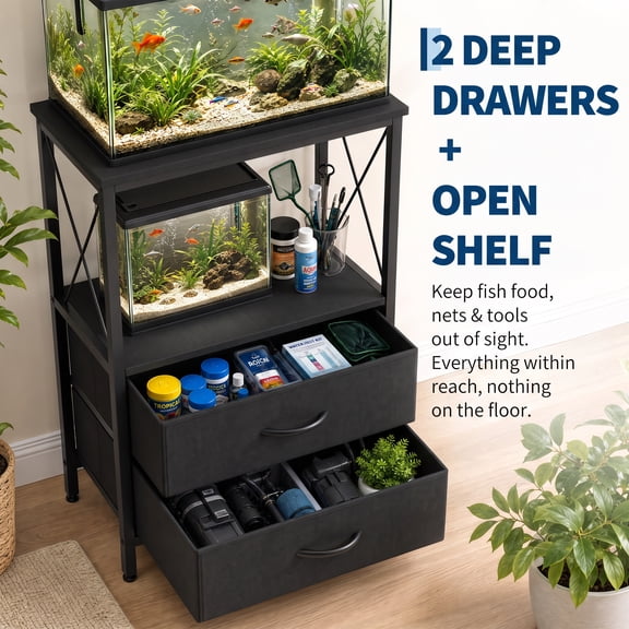Heavy-Duty Metal Aquarium Stand for 5-10 Gallon Fish Tank, Turtle or Reptile Terrarium with 2 Fabric Drawers, 2-Tier Storage Shelf, Modern Wood-Grain Finish