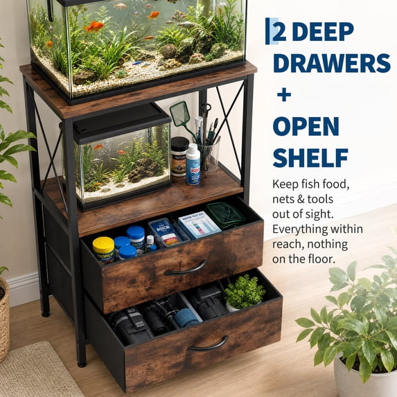 Heavy-Duty Metal Aquarium Stand for 5-10 Gallon Fish Tank, Turtle or Reptile Terrarium with 2 Fabric Drawers, 2-Tier Storage Shelf, Modern Wood-Grain Finish