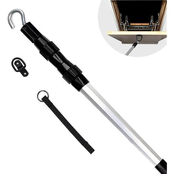 Heavy-Duty Metal Attic Pull Down System - 40-Inch Extension Rod with Storage Hook Handle | Space-Saving Ladder System for Ceiling Access | Easy No-Drilling Installation
