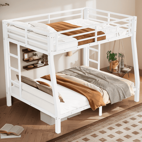 Heavy Duty Metal Bunk Bed, Full XL over Queen Bunk Bed for Adults Teens, Space-Saving with Noise Reduced Design, Underbed Storage, No Box Spring Needed, White
