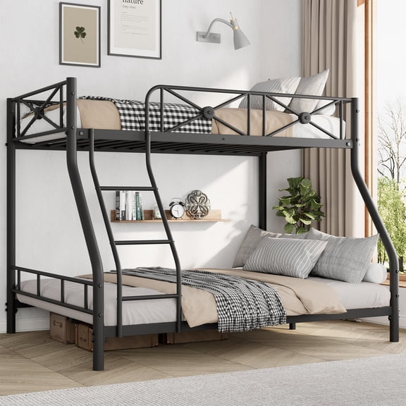 Heavy Duty Metal Bunk Bed Twin Over Full - Modern Space-Saving Steel Frame with Safety Guard Rails - Ideal for Bedroom or Dormitory - Black Sand Texture