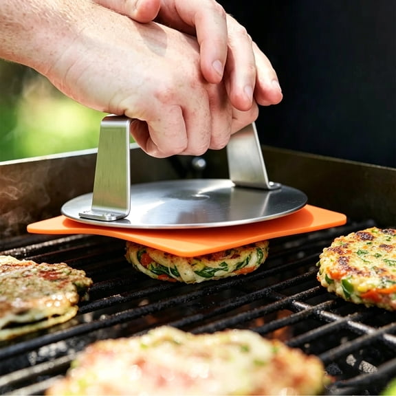 Heavy Duty Metal Burger Press with Silicone Pad, Grill Cooking Tool for Hamburger Patty Making, Outdoor Bbq Kitchen Accessory for Home and Commercial Use