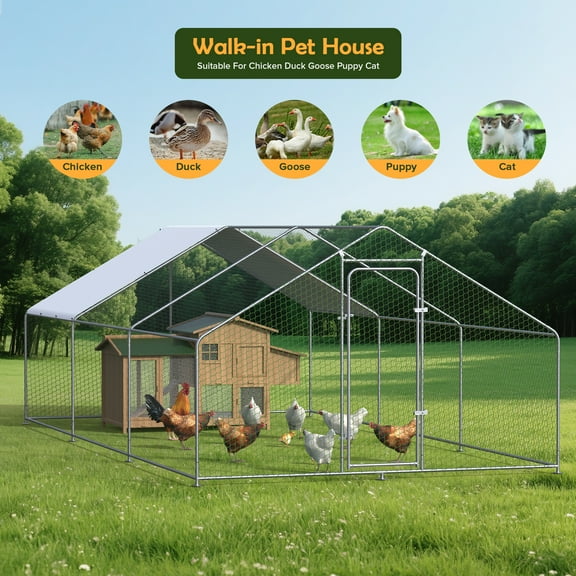 Heavy-Duty Metal Chicken Coop For 30 Chickens - 9.8'X19.7' Walk-In Run With Galvanized Steel Frame & Weatherproof Pe Cover - Escape-Proof Poultry Cage For Hen, Duck, Rabbit & More