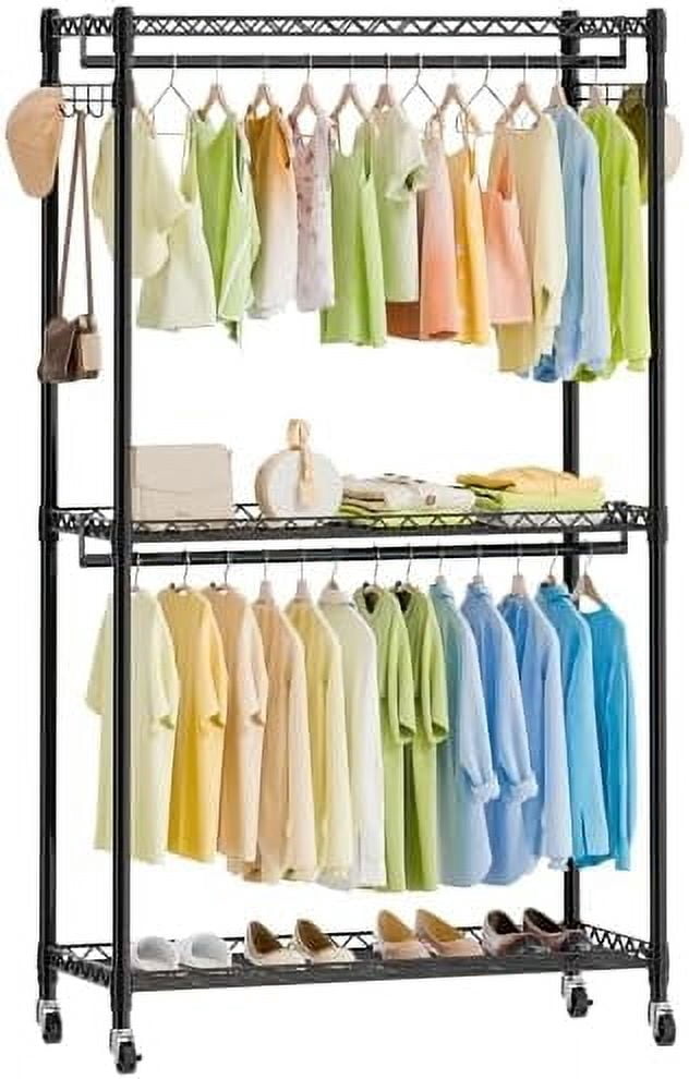 Heavy Duty Metal Clothes Rack with Lockable Wheels, 3-Tier Adjustable ...