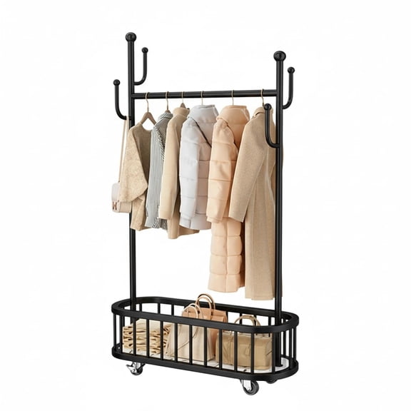Heavy Duty Metal Coat Rack with Wheels – Freestanding Coat Rack with Storage Basket and 4 Hooks – Ideal for Bedroom, Living Room, 100cm Wide Black