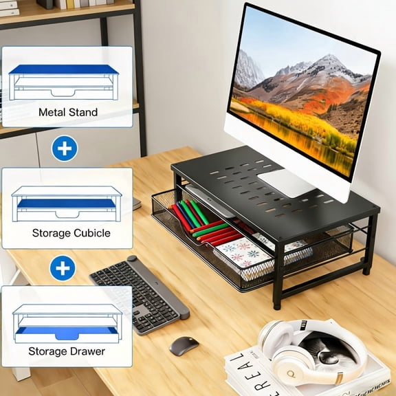 Heavy-Duty Metal Desktop Organizer with Adjustable Monitor Stand, Laptop Holder, Multi-Drawer Storage, and Pen Cups, Space-Saving Office Desk Organizer for PC and Home Workspace