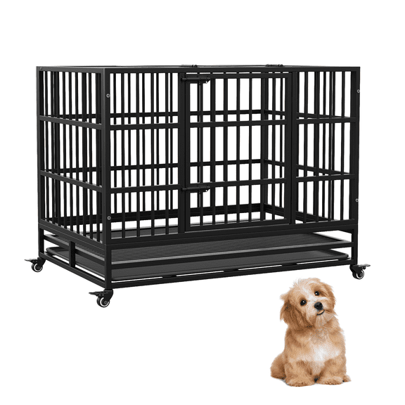 Heavy Duty Metal Dog Crate, 37 Inch Double Door Dog Cage with Wheels, Folding Indoor Pet House with Removable Tray Perfect for Small, Medium and Large Pets