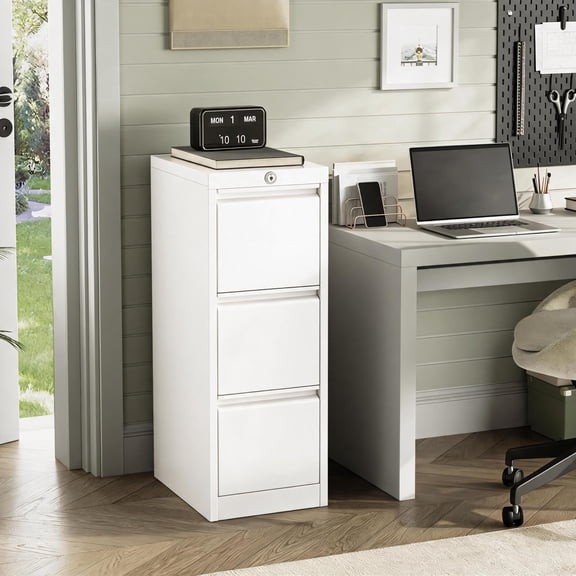 Heavy Duty Metal File Cabinet with 3 Secure Drawers – Lockable Vertical Filing for Letter/Legal/A4/F4 – 330 lbs – Black/White Office Storage
