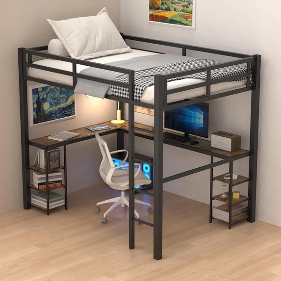 Heavy Duty Metal Full Size Loft Bed with Desk and Shelves, Loft Bed ...