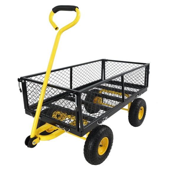 Heavy Duty Metal Garden Cart, Garden Cart Trucks with 660LBS Capacity and  All-Terrain Inflatable Wheels, Durable Utility Cart for Yard Work, Hauling, and Outdoor Use, Yellow
