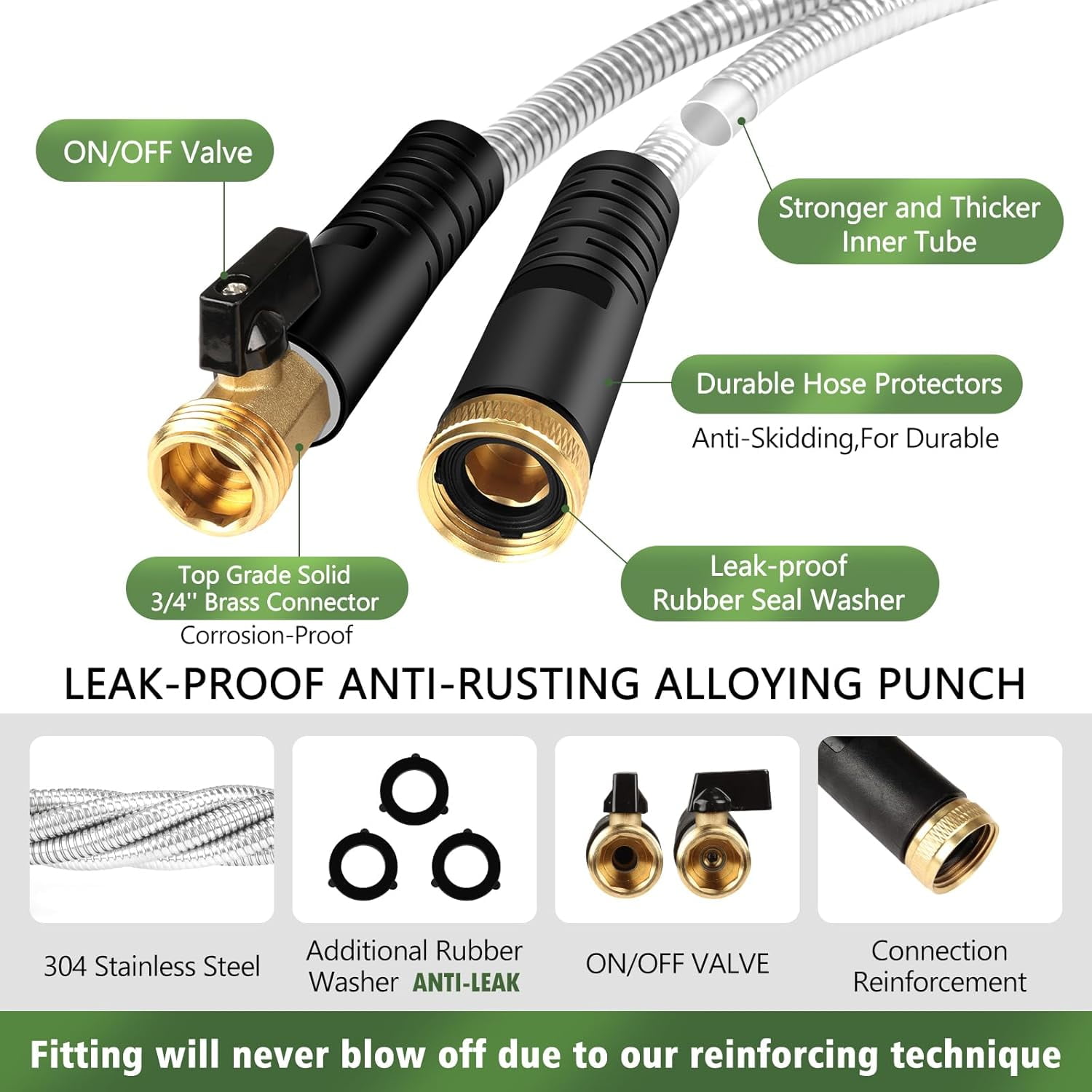 Heavy Duty Metal Garden Hose 25 ft Stainless Steel No Kink  Lightweight with 10 Function Nozzle