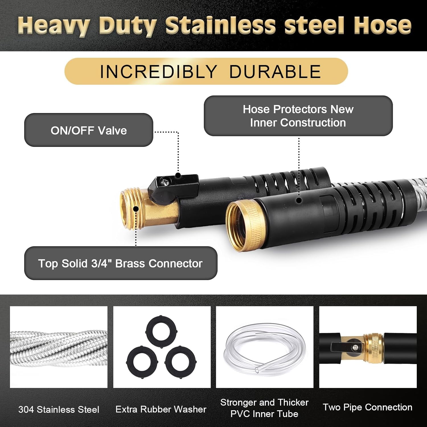 Heavy Duty Metal Garden Hose 25FT Stainless Steel Water Pipe with 10-Function Nozzle and Brass Fittings