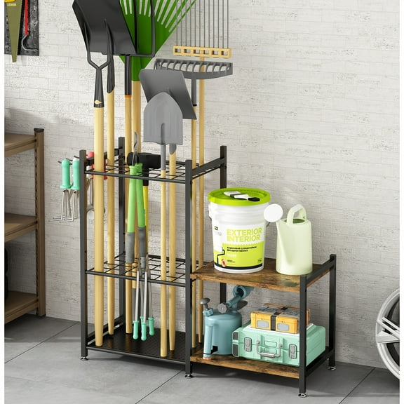Heavy-Duty Metal Garden Tool Organizer with Hooks - Perfect for Long Handles, Brooms, Shovels & Rakes - Sturdy Outdoor Yard Storage Rack, Black Storage and Organization