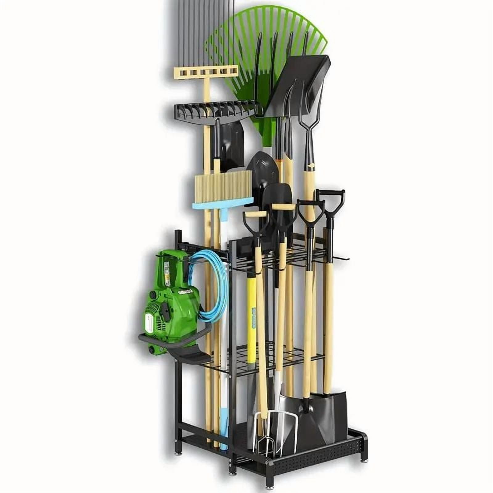 Heavy-Duty Metal Garden Tool Organizer Rack with Hooks Black Outdoor Storage Stand for Garage/Shed