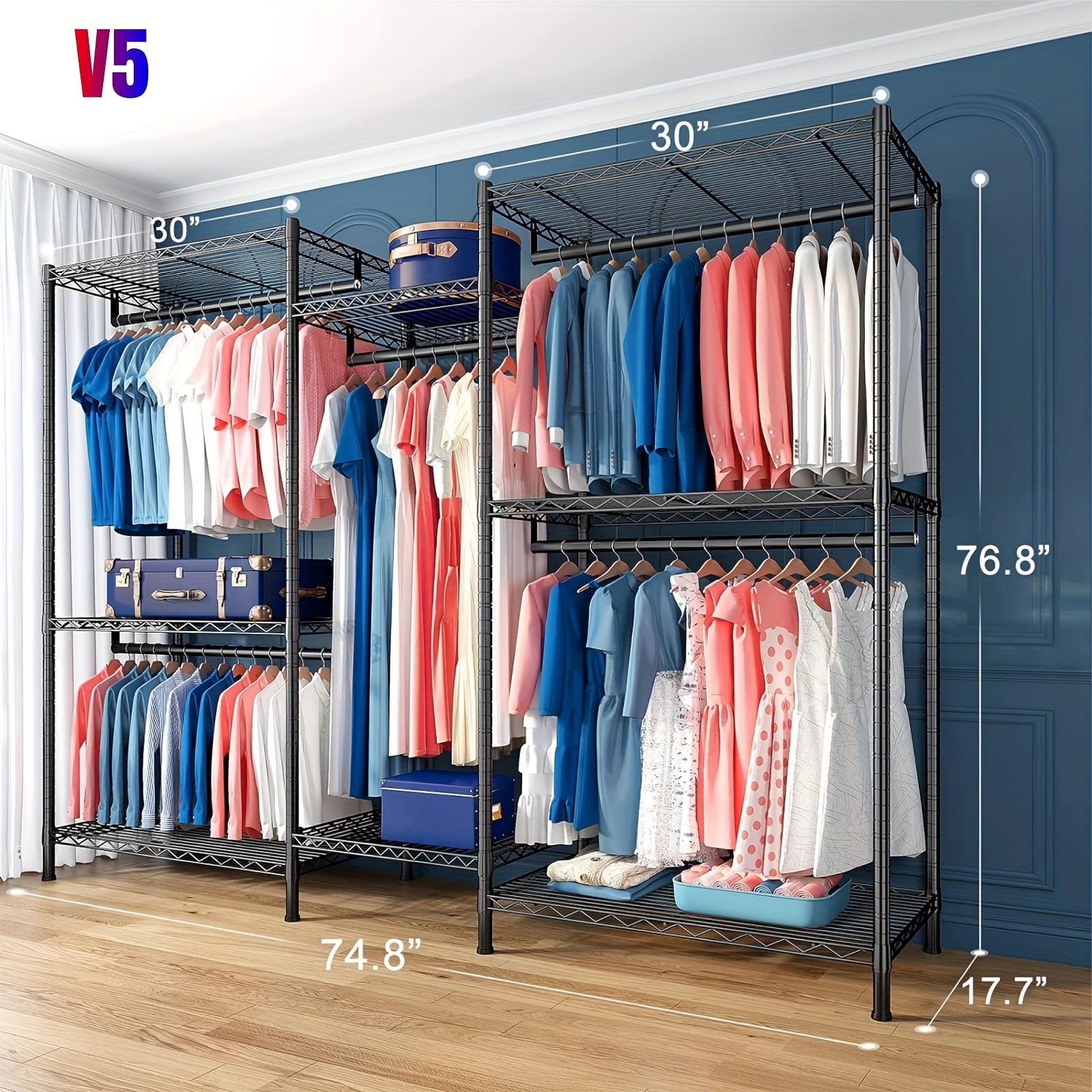 Heavy-Duty Metal Garment Rack with Shelves - Rolling Clothes Organizer