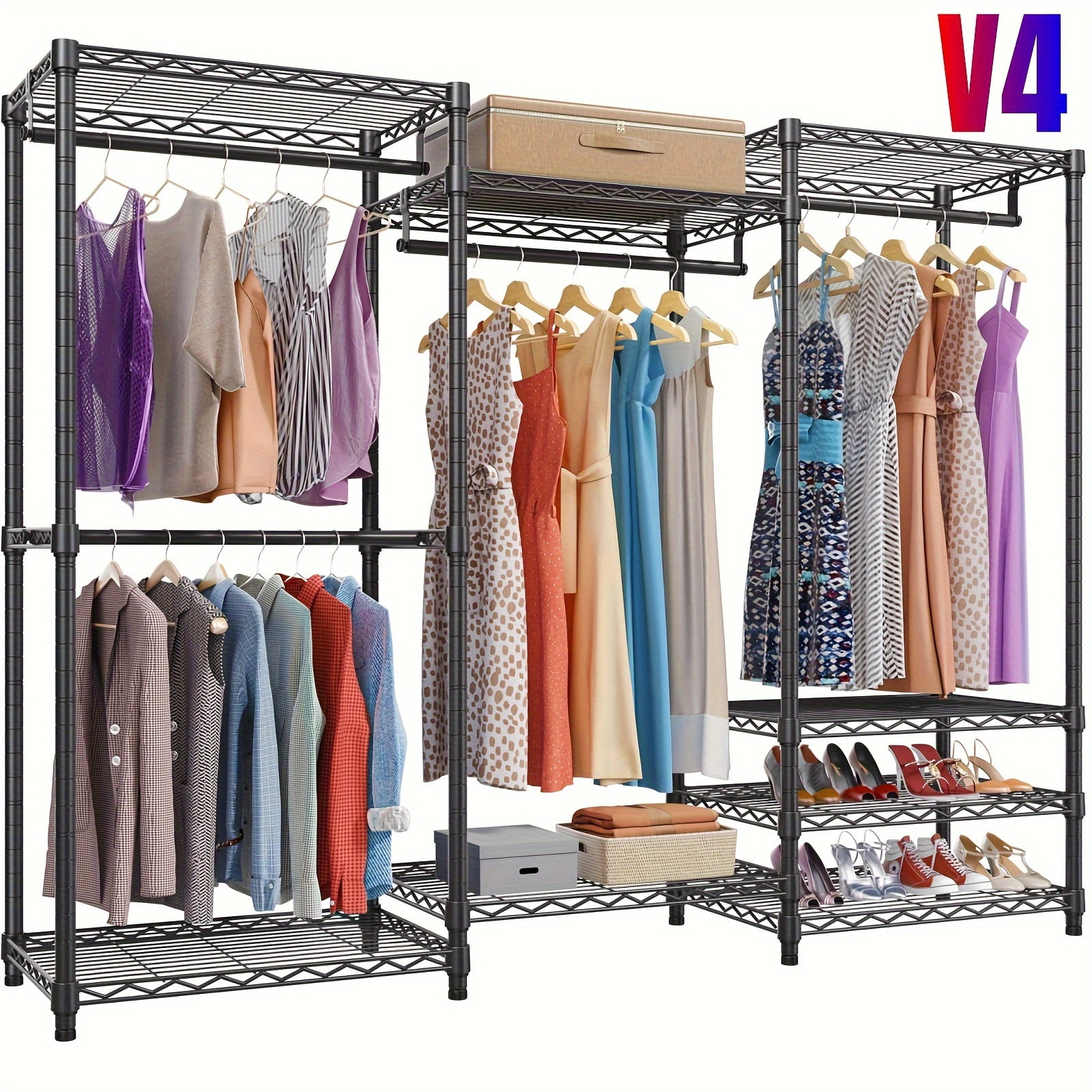 Heavy-Duty Metal Garment Rack with Shelves - Rolling Clothes Organizer
