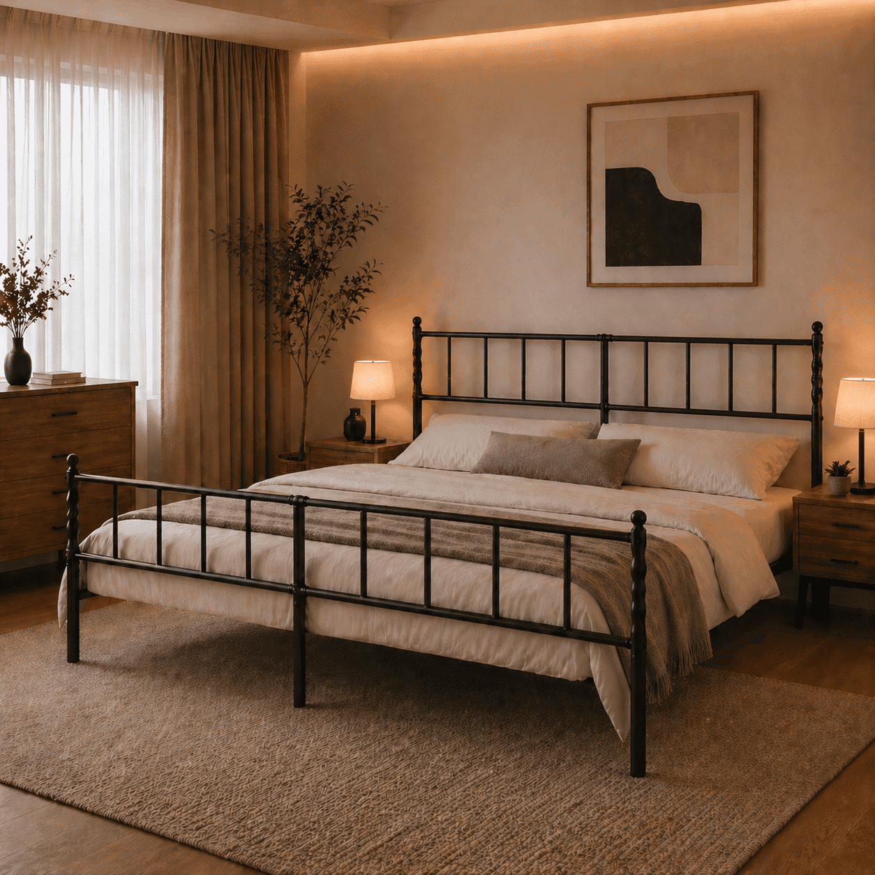 Heavy Duty Metal King Platform Bed Frame with Headboard and Footboard, Industrial Style Steel Slat Mattress Foundation, No Box Spring Needed, Black