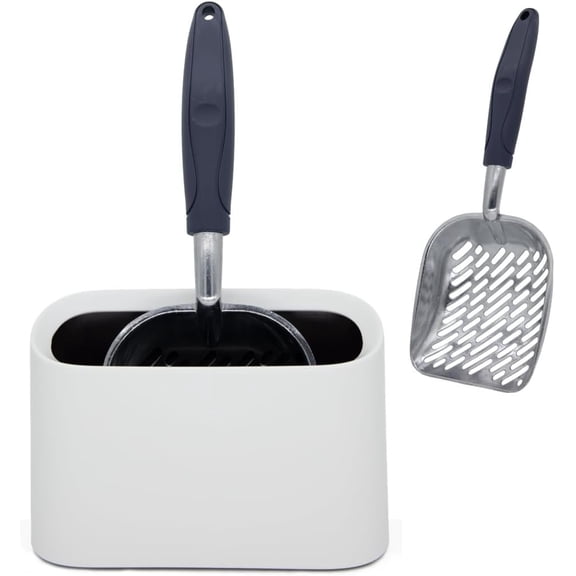 Heavy-Duty Metal Litter Scoop with Holder, Cats Litter Scooper Captures Clumps, Kitty Metal Scooper and Holder (White) | Heavy-Duty Metal Litter Scoop with Holder
