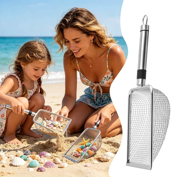 Heavy Duty Metal Mesh Sand Sifter Scoop Stainless Steel Beach Shell Filter Shovel Anti Grip Seaside Sand Screening Tool for Coastal Beach Combing Seashell Gathering Outdoor Adult Beach Gear