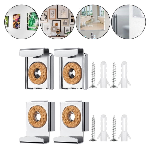 Heavy-Duty Metal Mirror Bracket Kit with Spring-Loaded and Rib Clips, Non-Slip Cork Pads for Secure Installation of Glass Mirrors, Pictures, Paintings and Wall Dcor, 4 PCS Black