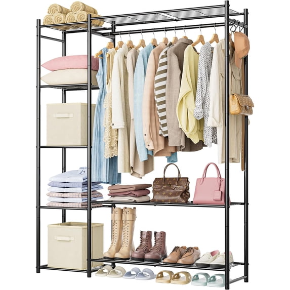 Heavy Duty Metal Open Wardrobe Rack With Shoe Shelves Top Wire Storage ...