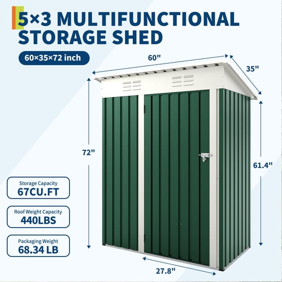 Heavy Duty Metal Outdoor Storage Outdoor Storage 5x3 FT - Sloped Roof & Lockable Single Door - Compact Tool Organizer for Garden, Patio, Lawn, Backyard - Dark Green, 5x3FT