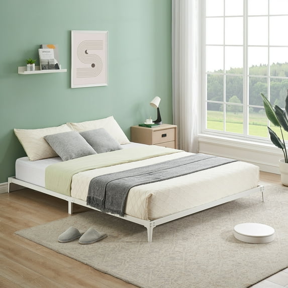 Heavy Duty Metal Platform Queen Bed Frame, 6 Inch High Underbed Storage, Sturdy Metal Support Bed Frames, No Box Spring Needed, Noise Free,White