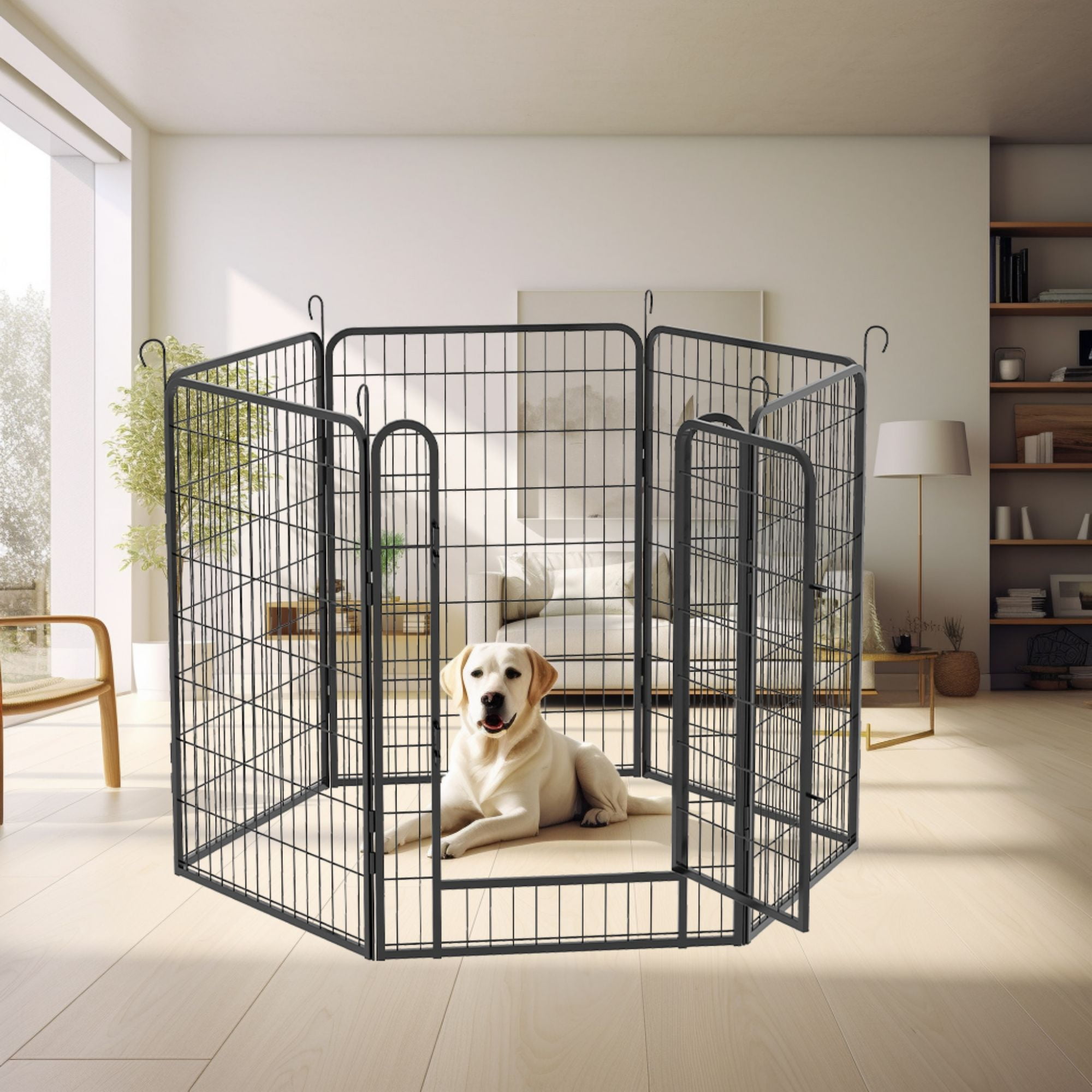 Heavy Duty Black Metal 6-Panel Pet Playpen with Door