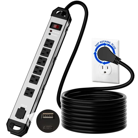 Heavy Duty Metal Power Strip Surge Protector 2100J, 6 Outlets & 2 USB, 15A Circuit Breaker, 6ft Power Cord, 360 Rotating Flat Plug, Wall Mountable for Garage Workshop Industrial, ETL Listed, Silver