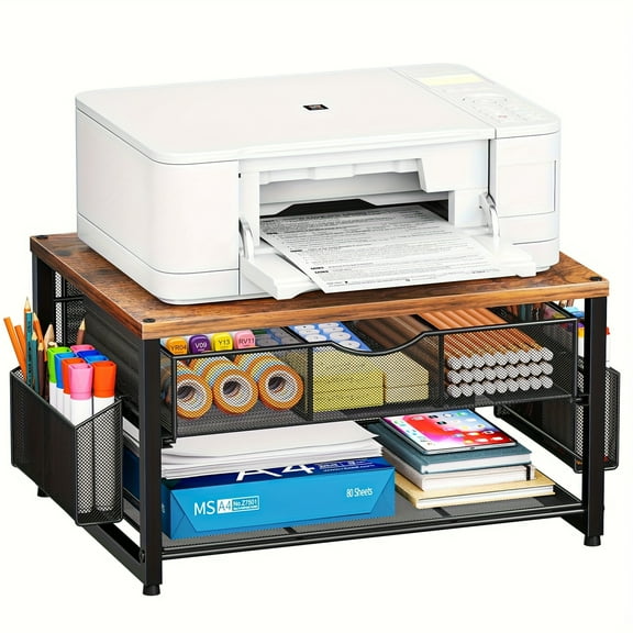 Heavy-Duty Metal Printer Stand with Storage Drawer & Pen Holders - 2-Tier Desk Organizer for Printer, Fax, Scanner, Files