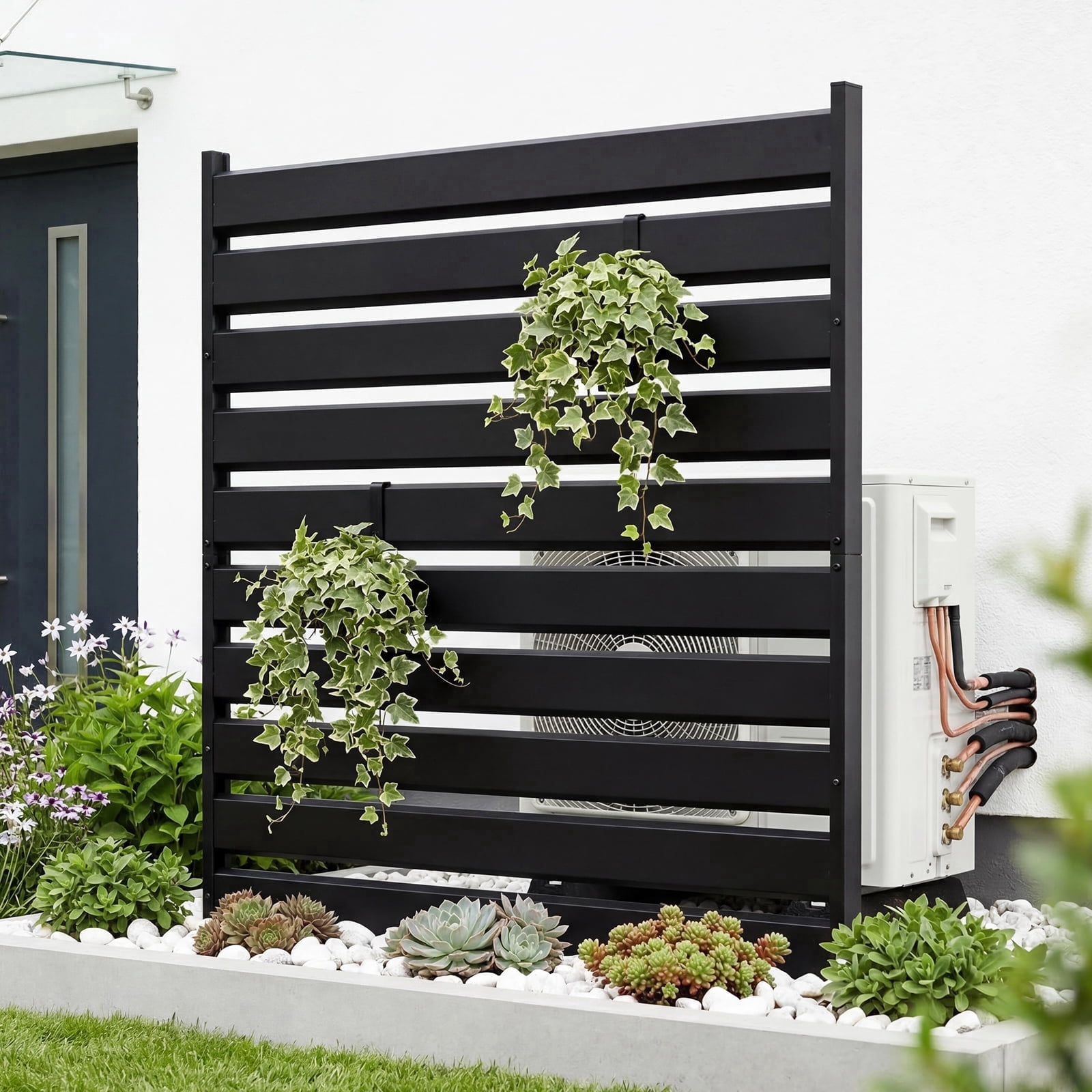 Heavy-Duty Metal Privacy Fence Panel - Outdoor Decorative Screen for Garden, Patio, AC Unit, Trash Bin - 38"W x 42"H - No-Dig Installation - 1 Pack, Black