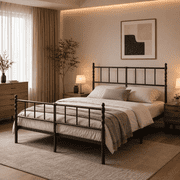 Heavy Duty Metal Queen Platform Bed Frame with Headboard and Footboard, Industrial Style Steel Slat Mattress Foundation, No Box Spring Needed, Black