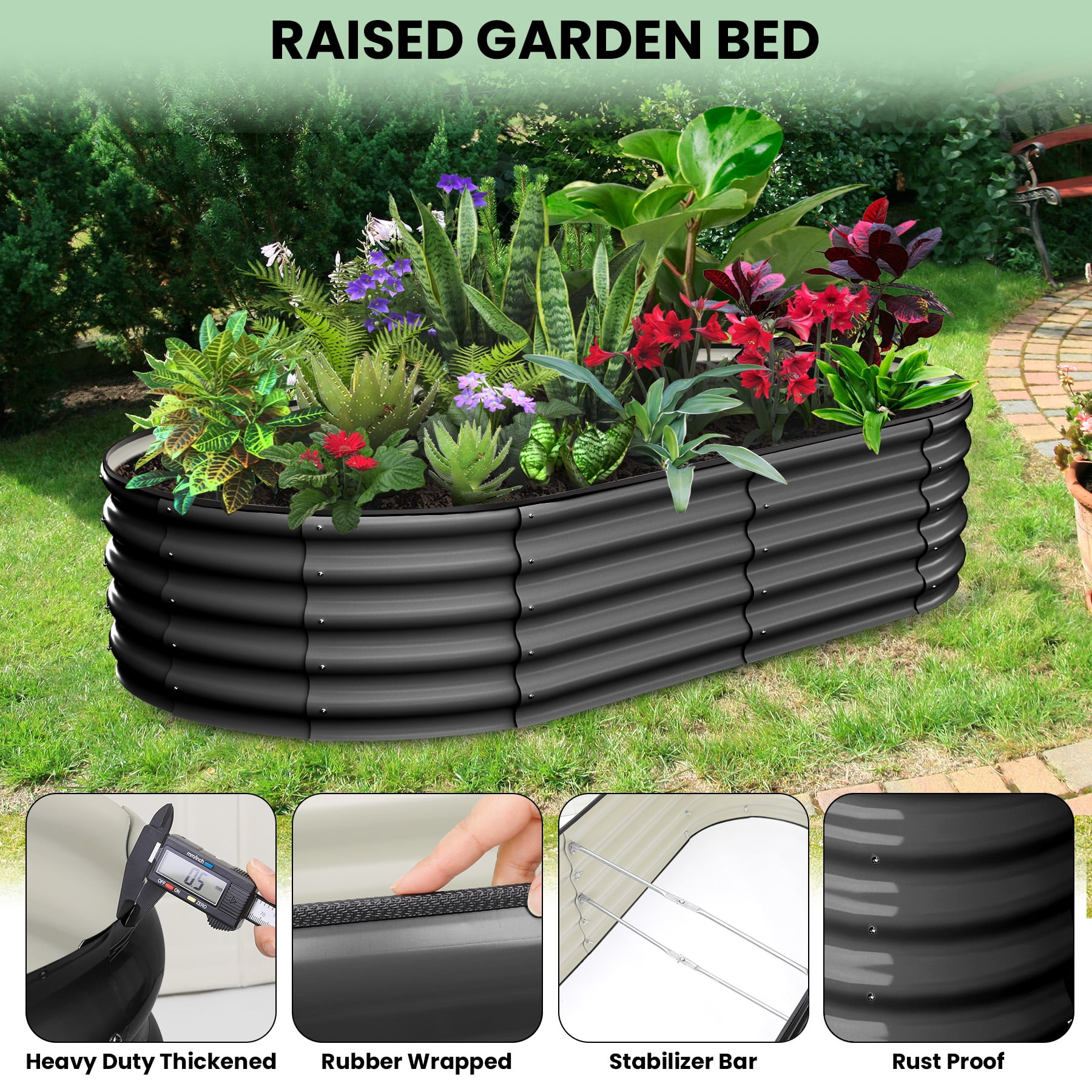 Heavy Duty Metal Raised Garden Bed – 8x2x1FT Oval Planter Box for Outdoor Vegetable, Flower, Herb Gardening, for Garden & Backyard & Patio, Dark Gray