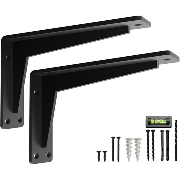 Heavy Duty Metal Shelf Brackets for 8", 10” & 12" Shelves Pack of 2 – Designer Fireplace Mantel Brackets for Granite Countertop - L Brackets for Shelves Easy to Install - Hardware Included