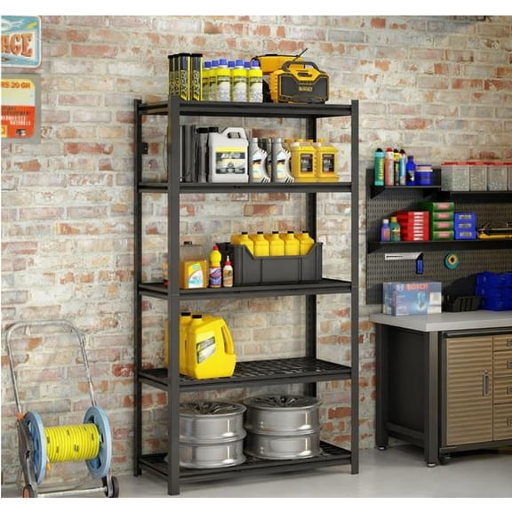 Heavy Duty Metal Shelving 5-Tier Adjustable Utility Shelving Unit, Sturdy Storage Rack Black - Perfect for Kitchen Shelves, Garage, Basement & Industrial Spaces