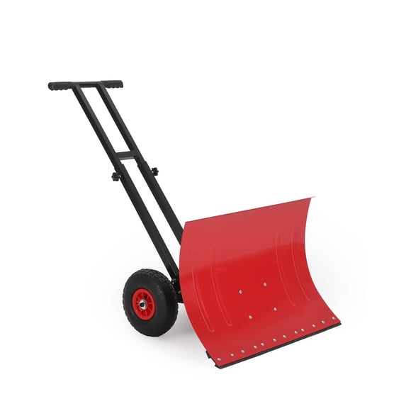 Heavy Duty Metal Snow Shovel with Wheels, 7-Position Adjustable Handle & Blade Angle, Rolling Snow Pusher for Driveway & Sidewalk