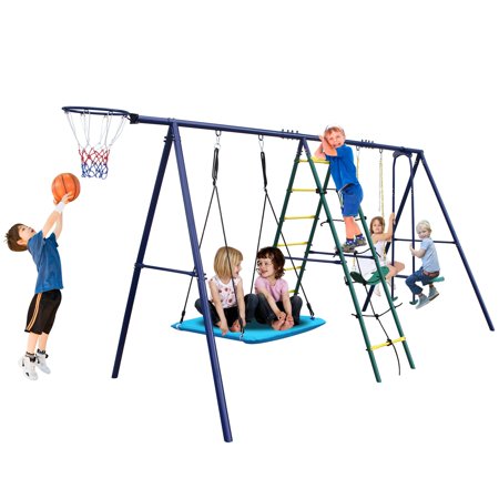 Heavy-Duty Metal Swing Set for Big Kids, Outdoor Playset with Steel A-Frame, Adjustable Ropes & Carabiners, Safe Stable Playground Set for Backyards, Easy to Install Kids Swing Set, Load 600 Lbs