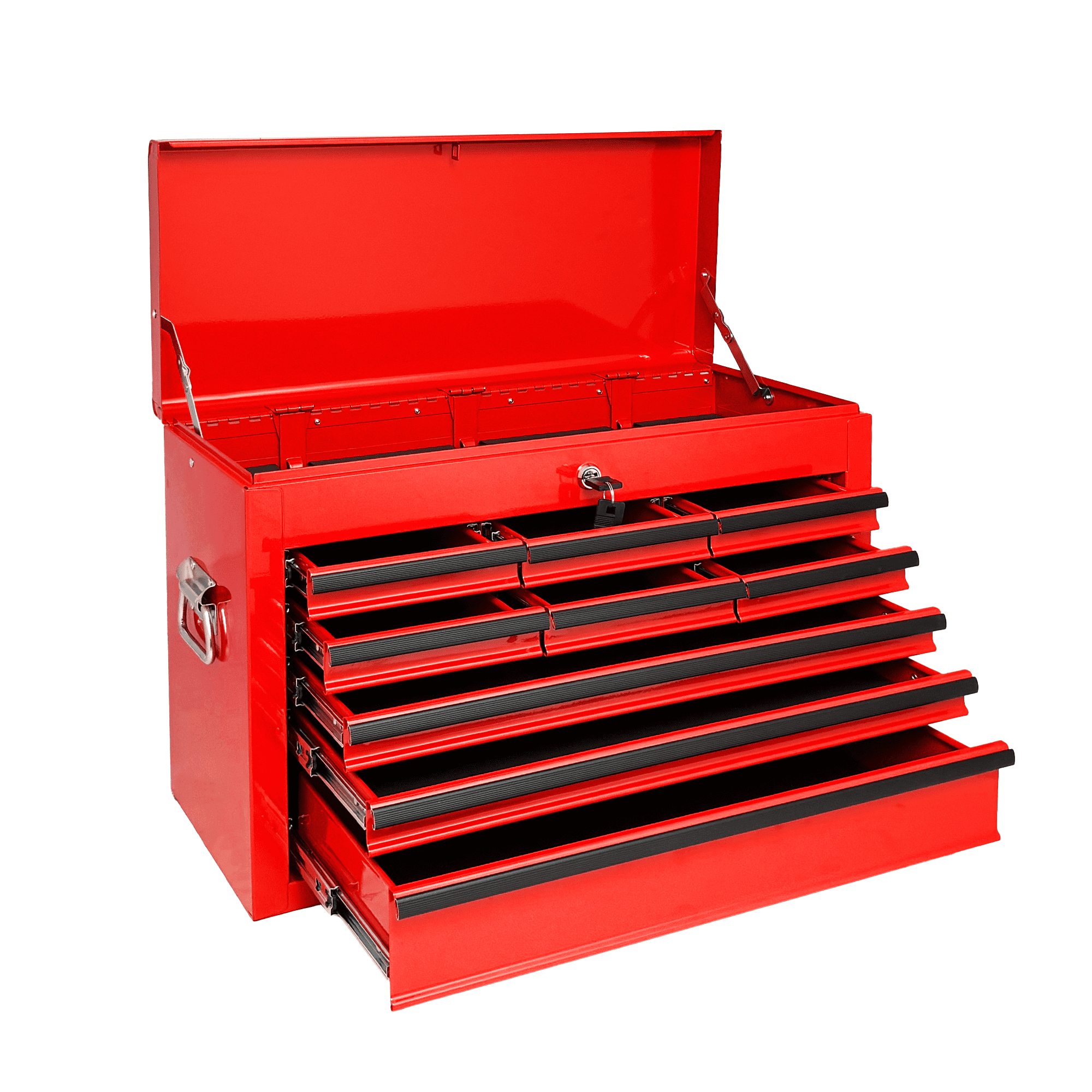 Heavy Duty Metal Tool Box,24 Inch Portable Tool Chest with 9 Drawers, Ball Bearing Slide Drawers with Auto-Locking System, Lockable Top Box Tool Organizer for Garage, Workshop, Truck,Red