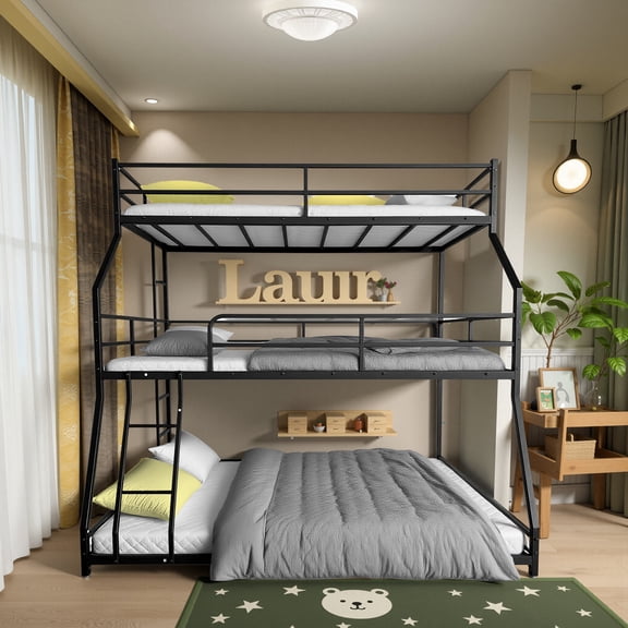 Heavy Duty Metal Triple Bunk Bed Frame with Long & Short Ladders & Full-Length Guardrails, Space-Saving Design, Easy Assembly, Black, Ideal for Bedrooms & Dorms