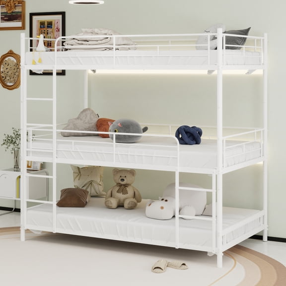 Heavy Duty Metal Triple Bunk Bed with Full-Length Safety Guardrails & Built-in Ladder, Sturdy 3-Tier Bed Frame with Metal Slats, No Box Spring Needed Easy Assembly for Adults Bedroom Dorm Guest Room