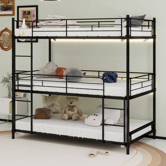 Heavy Duty Metal Triple Bunk Bed with Full-Length Safety Guardrails & Built-in Ladder, Sturdy 3-Tier Bed Frame with Metal Slats, No Box Spring Needed Easy Assembly for Adults Bedroom Dorm Guest Room