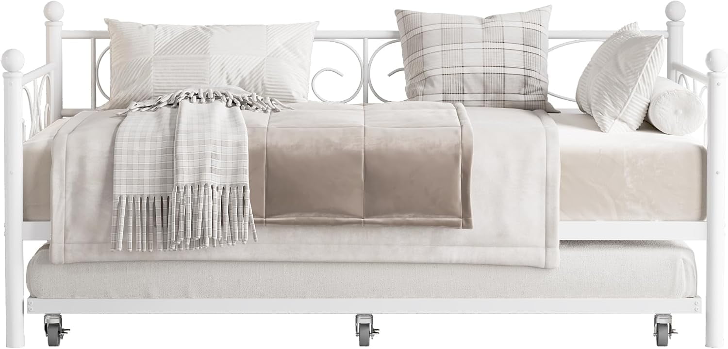 Heavy Duty Metal Twin Daybed with Pull Out Trundle, Modern Bed Frame with Headboard, Sturdy Steel Slats, No Box Spring Needed, White Sofa Bed for Living Room, Bedroom, Guest Room