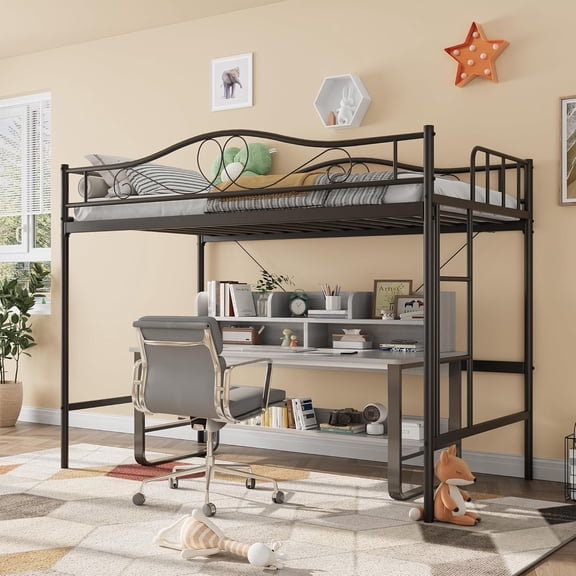 Metal Loft Bed with 58.85" under, Removable ladder and 11.26" guardrail for safe, flexible access for Bedroom,Twin,Black