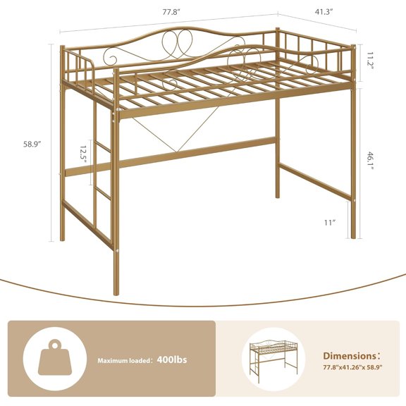 Heavy Duty Metal Twin Loft Bed Frame – 400 lbs Capacity, Removable Ladder, Full Safety Guardrail, Space-Saving, Noise-Free, No Box Spring Needed, Easy Assembly – Gold