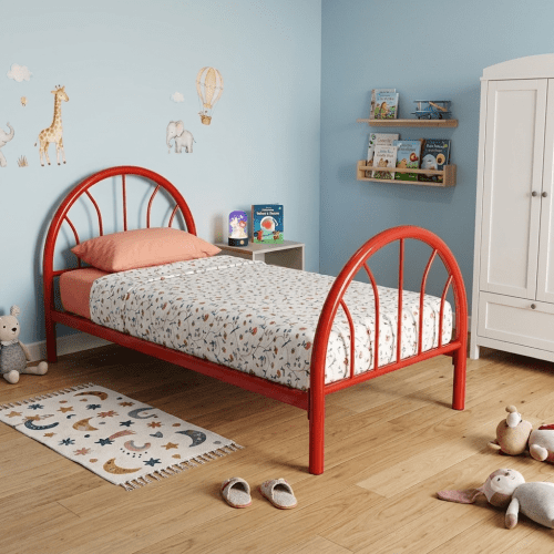 Heavy Duty Metal Twin Platform Bed Frame, 39" High, 16 Slats, Noise-Free, No Box Spring Needed, Easy Assembly, Red
