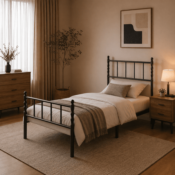 Heavy Duty Metal Twin Platform Bed Frame with Headboard and Footboard, Industrial Style Steel Slat Mattress Foundation, No Box Spring Needed, Black