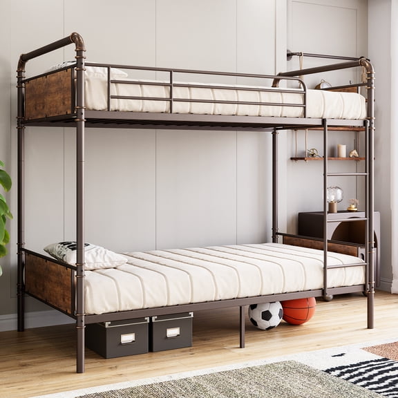 Heavy Duty Metal Twin Over Twin Bunk Bed - Convertible to Two Single Beds, Guardrails, Detachable Ladder, Noise-Free, Space-Saving, No Box Spring Needed, Noise Free, Easy Assembly - Bronze