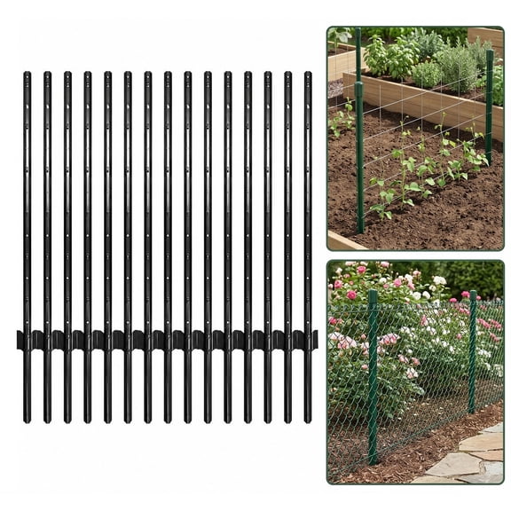 Heavy Duty Metal U-Channel Fence Posts – 15 Pack with Anchor Plates – No Dig, Powder Coated, Rust Resistant, Easy Install for Garden, Farm, Yard – Black – 4Ft (122CM)